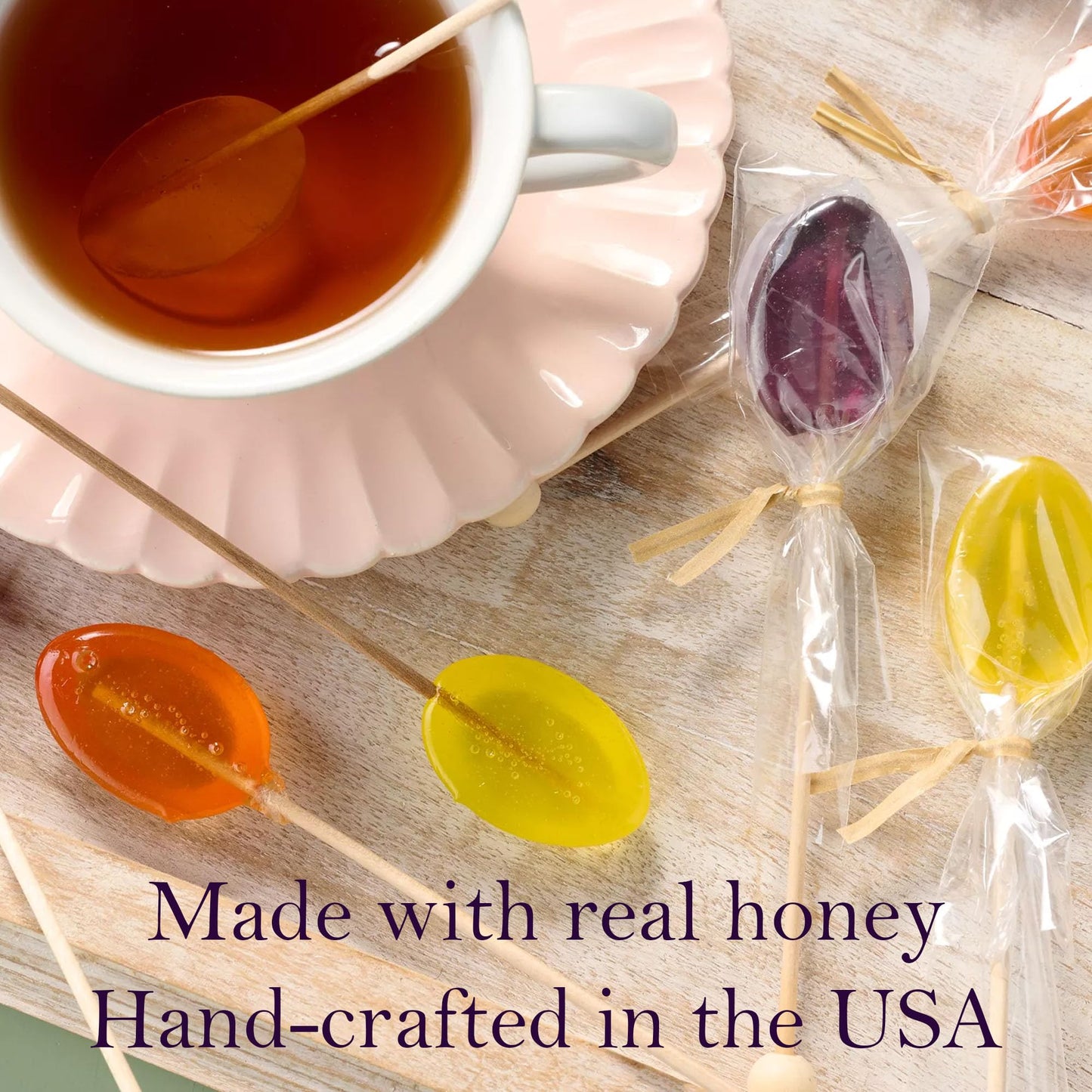 Melville Candy All Natural Honey Spoons – Clover Honey Spoons & Lollipops on Wooden Ball Sticks – Gluten-Free, Made in USA Stirrers for Tea, Coffee, & Hot Beverages - Individually Wrapped (5-count, Clover)