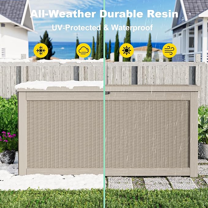 261 Gallon Outdoor Deck Box, Lockable Waterproof Outdoor Storage Boxes For Garden Tools,Indoor Cushions,Accessories Outside Storage Resin Weatherproof Container(Grey)