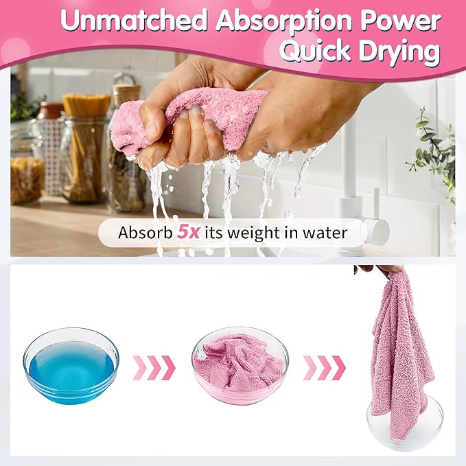 FIXSMITH Pink Microfiber Cleaning Cloth -Pack of 8, Highly Absorbent Cleaning