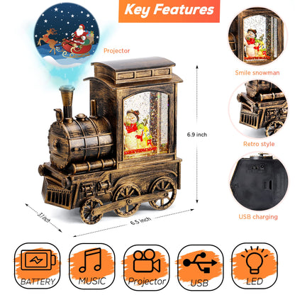 IPOW Christmas Snow Globe Lantern Train with Santa Sleigh Projection, Water Swirling Glitter Musical and Lighted USB Powered & Battery Operated Music Box for Christmas Home Decoration Gift