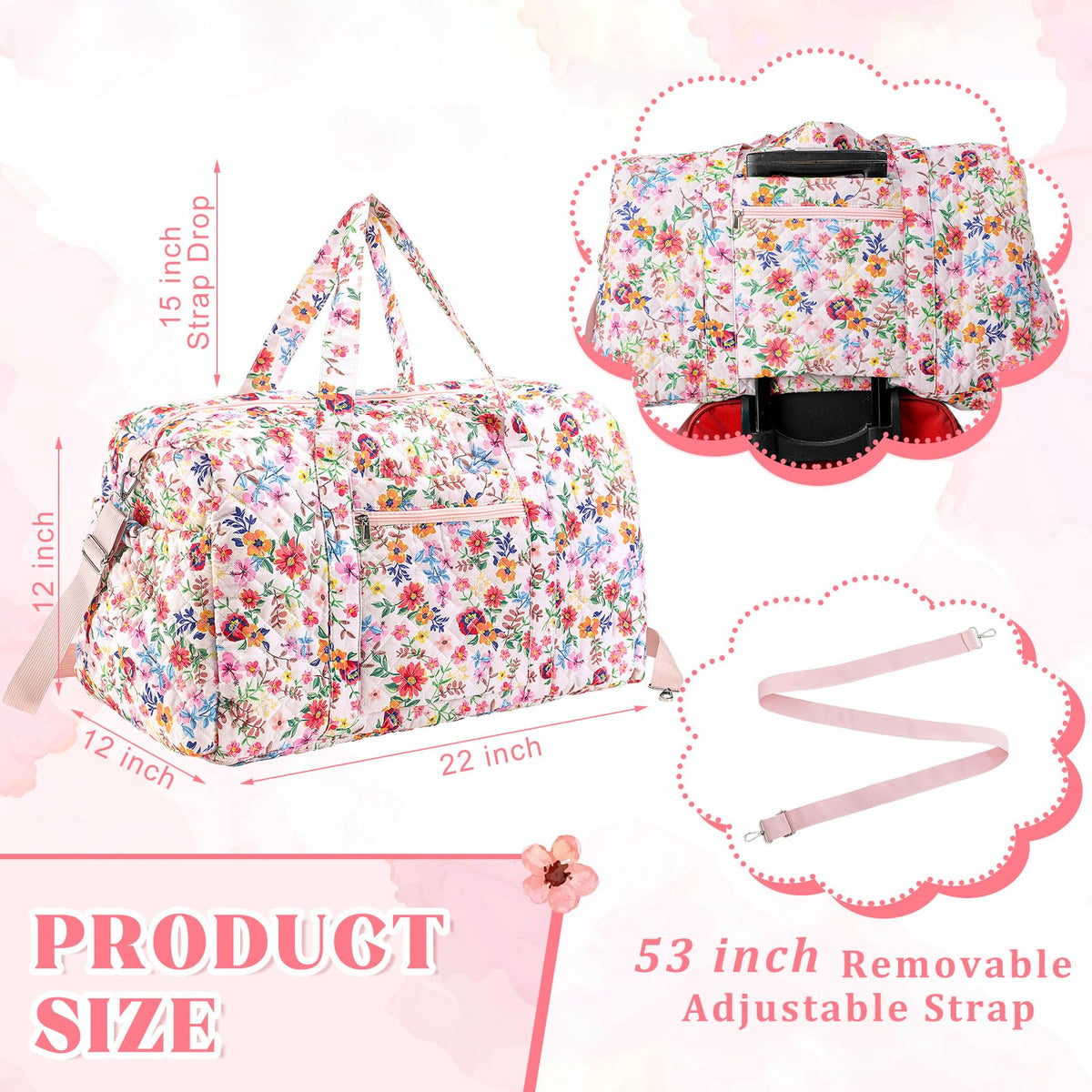 Dansydaisy Large Quilted Travel Duffle Bag for Women Floral Portable Gym Weekender Bag with Zipper Pockets Workout Grocery Pouch Duffle Gift Pouch for Work(Pink Floral)