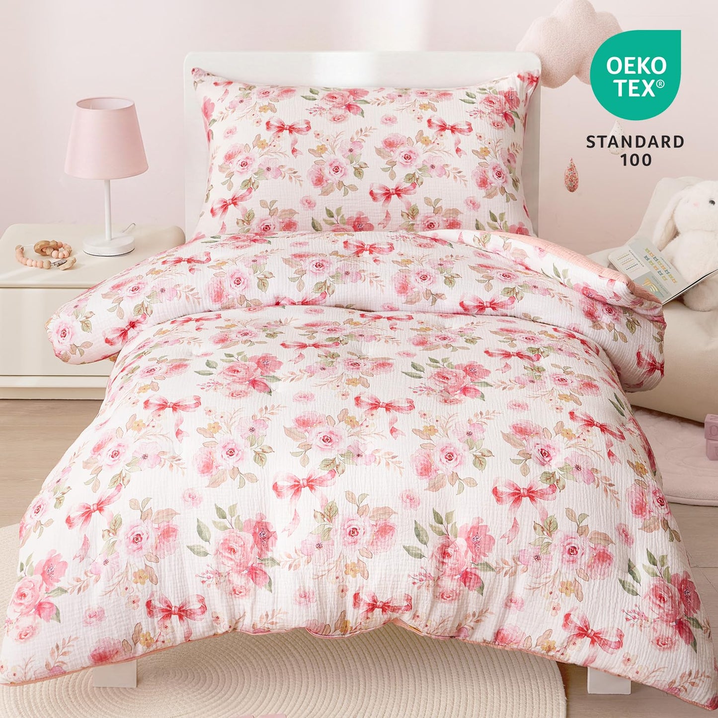 PHF Cotton Muslin Toddler Bedding Set, Soft 3 Piece Toddler Comforter Kids Bed Set, Pink Flower Bow Bedding Set for Girls