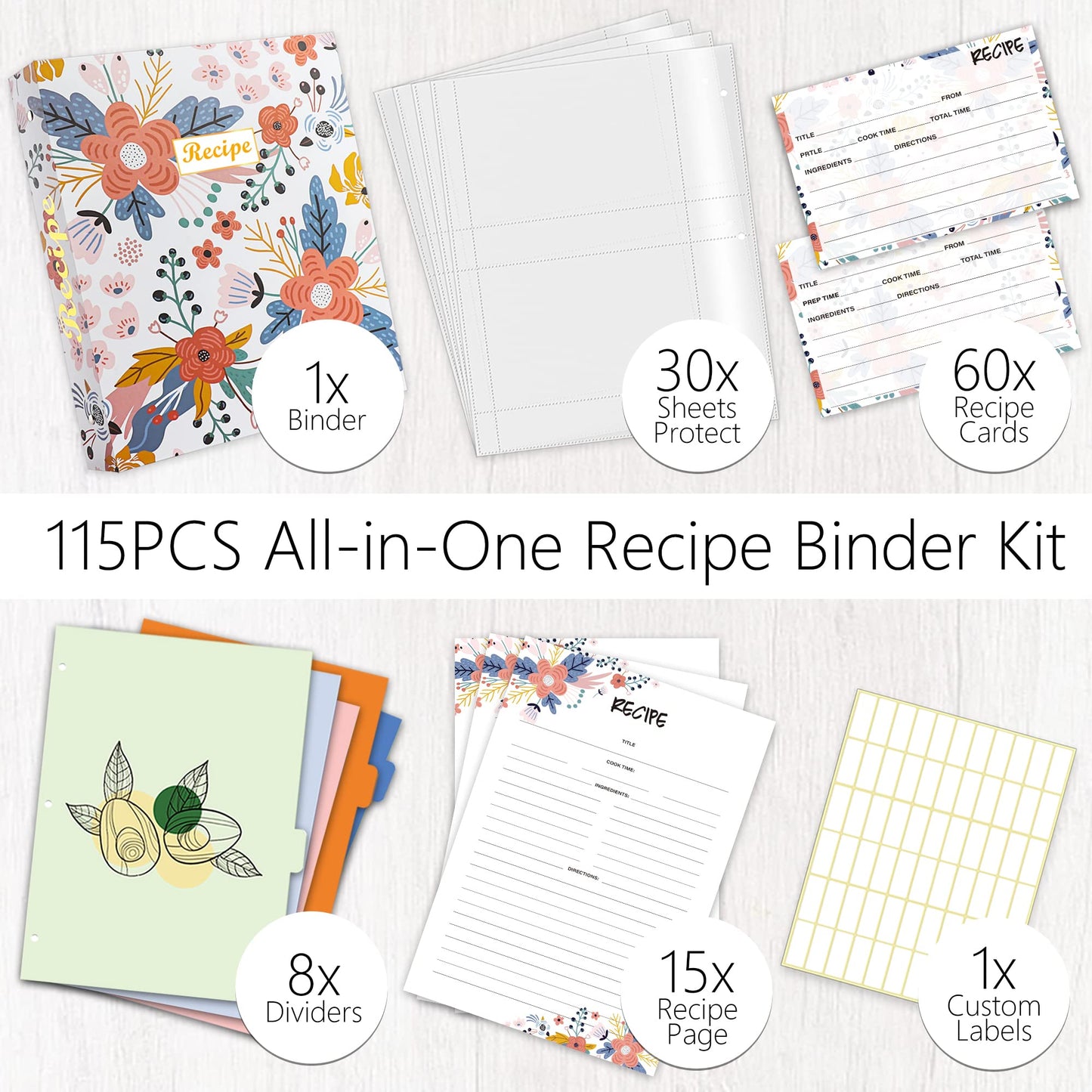 3 Ring Recipe Binder 8.5" x 11" Recipe Book Recipe Binder Kit with 60 Printed Recipe Cards 4'' x 6'', 8 Category Dividers to Write in Your Recipes, Unique Gifts for Women (White)