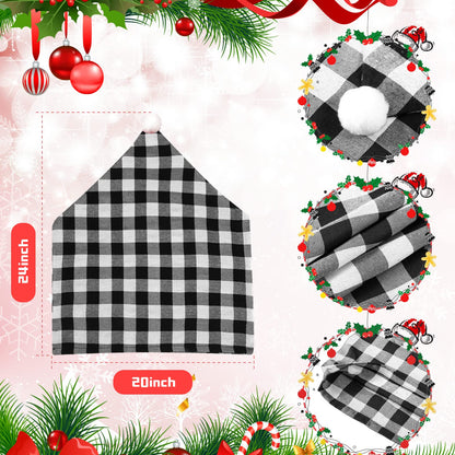 Queekay 6 Pieces Christmas Chair Back Covers Santa Hat Buffalo Plaid Christmas Dining Chair Protector Elastic Gingham Cover for Dining Kitchen(Black White)