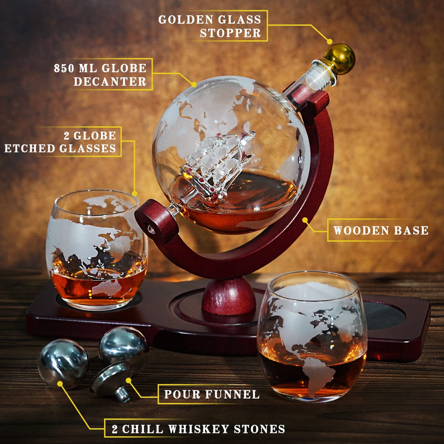 PONPUR Gifts for Men Dad Fathers Day, Whiskey Decanter Globe Set with 2 Ball Stones & 2 Glasses, Anniversary Birthday Gifts for Him Husband Boyfriend Brother, Cool Stuff Gift for Bourbon Scotch