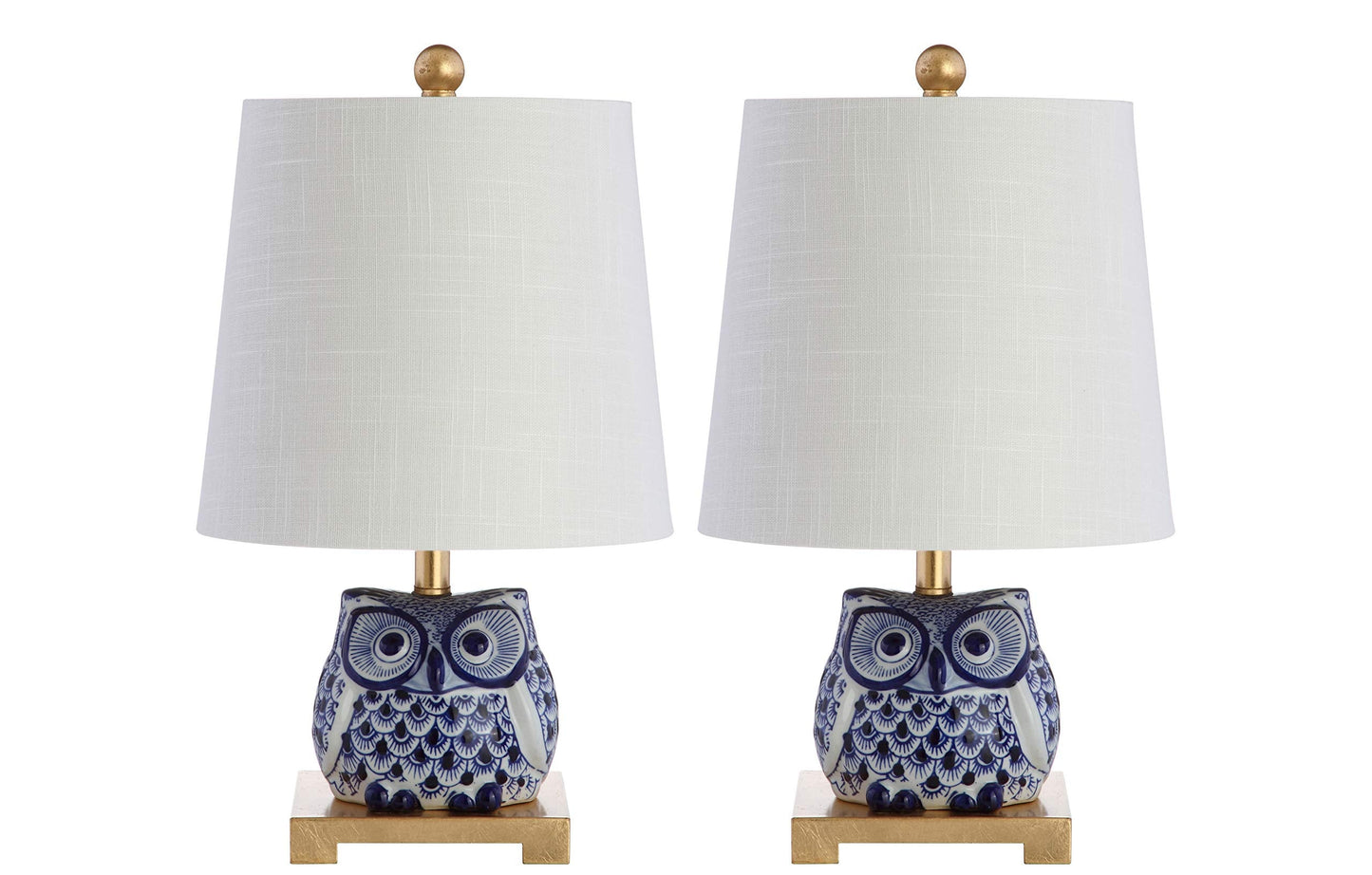 JONATHAN Y 16" Blue/White Ceramic Owl Mini Table Lamp for Bedroom or Office, Modern Farmhouse Nightstand Lamp with White Linen Shade, LED Bulb Included (JYL3014A-SET2)
