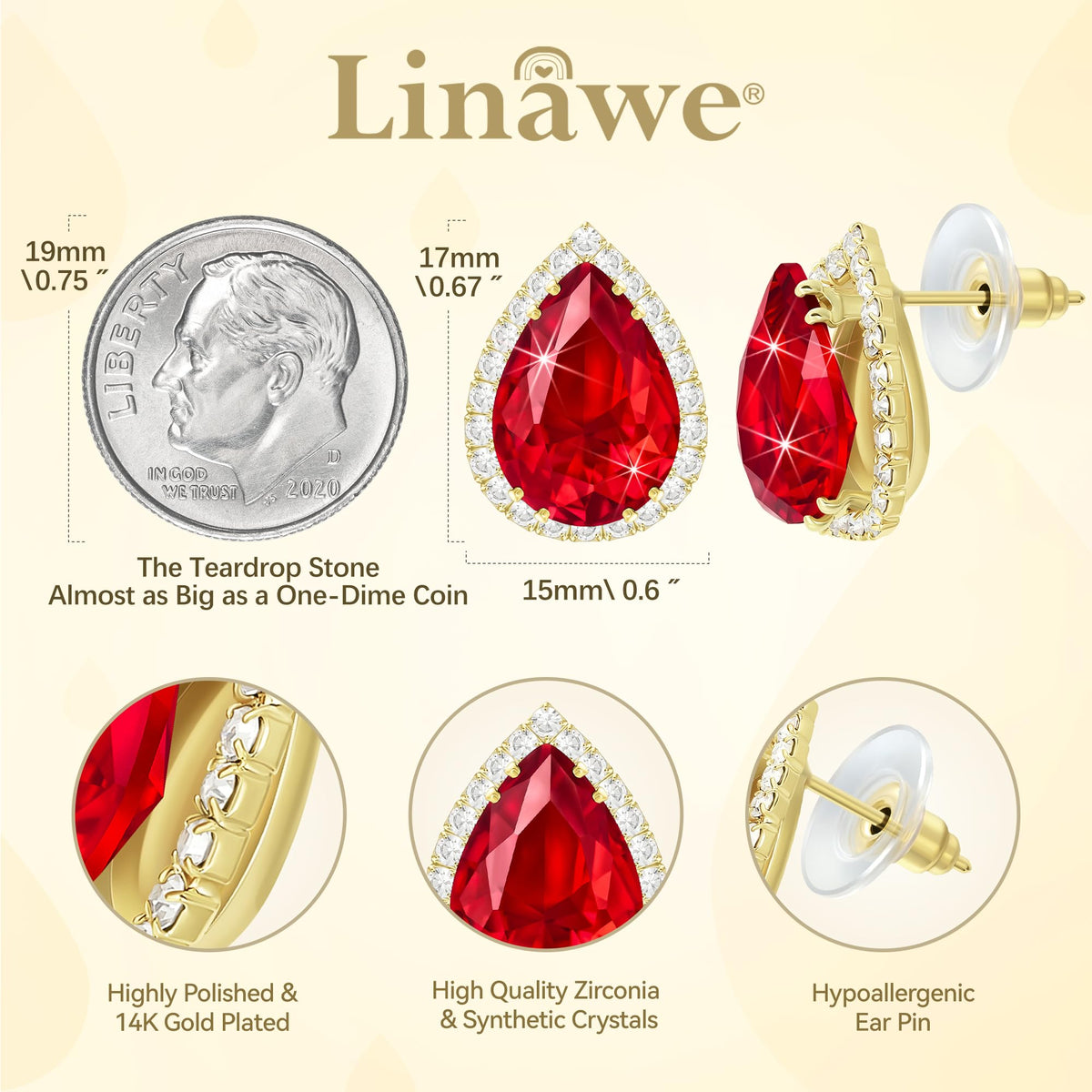 Linawe Red Stud Earrings for Women, Gold Imitation Diamond Earrings Studs, Ruby Cubic Zirconia Teardrop Rhinestone Crystal Wedding Earrings for Bridal Bridesmaid, Ear Piercing Jewelry