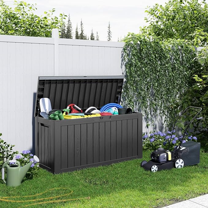 86 Gallon Outdoor Deck Box, Lockable Waterproof Outdoor Storage Boxes For Garden Tools,Indoor Cushions,Accessories Outside Storage Resin Weatherproof Container(Black)