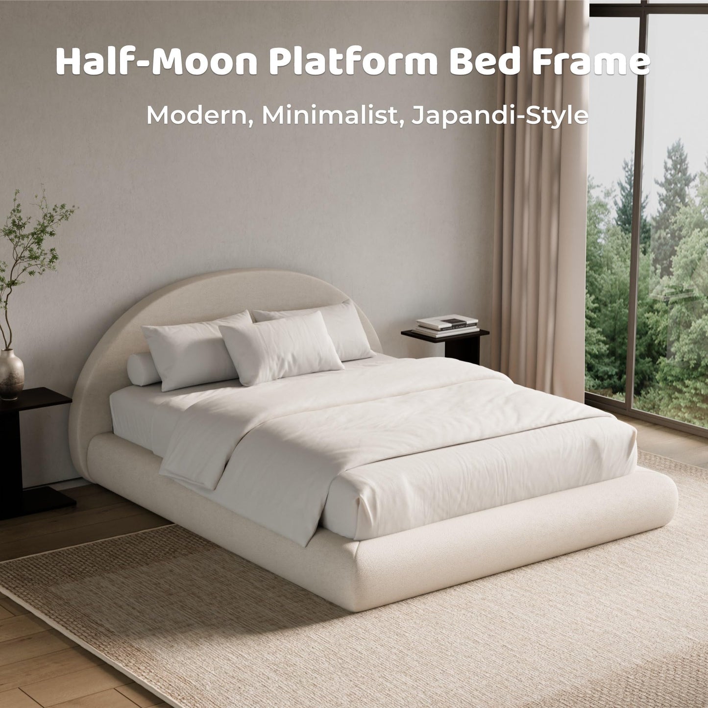 RECCI AirFrame Half-Moon Upholstered Queen Platform Bed Frame, Velvet Curved Arched Base with Headboard, 5 Inch Fully Round Cushioned Foam, No Box Spring Needed, Easy Assembly