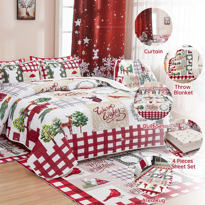 WONGS BEDDING Christmas Quilt Set King Rustic Christmas Tree Snowman Cardinal Holiday Wreath Pattern Bedding Solid Bedspread Coverlet with 2 Pillow Shams for All Season, Soft Microfiber Quilt 103"x90"