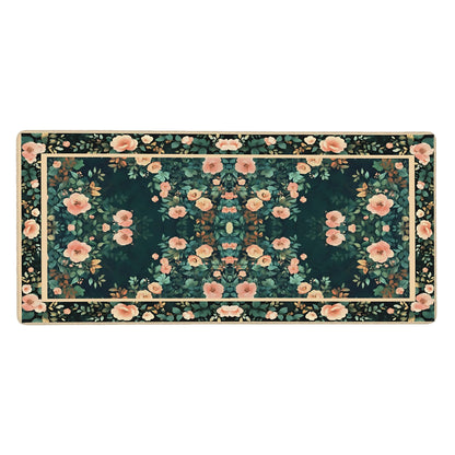 Floral Aesthetic Rose Gaming Mouse Pad, Forest Green Rug Desk Mat with Anti-Slip Base & Stitched Edges,35.4" x 15.7" in Table Mat for Computer Desktop, Beautiful Workstation Decor