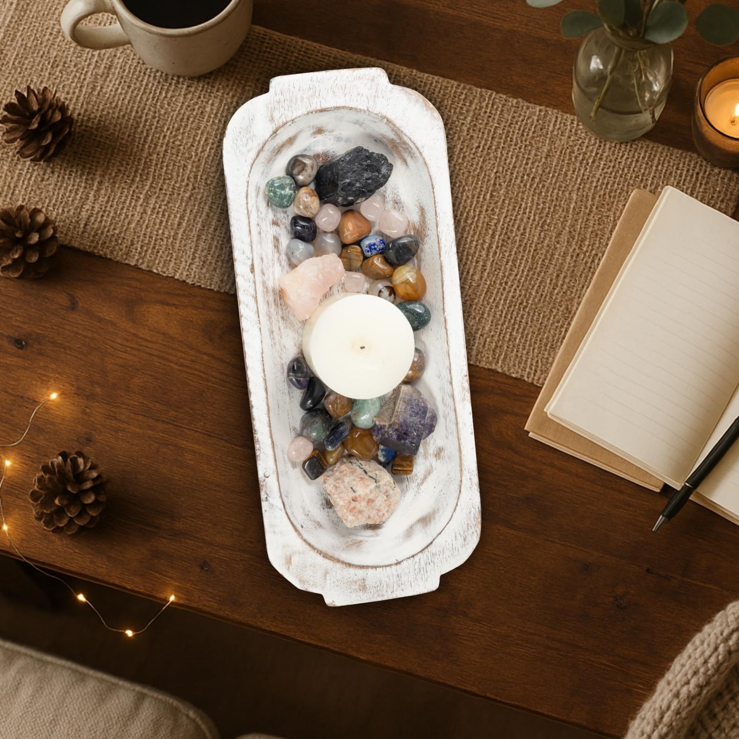 Mie Creations 16'' Large Wooden Dough Bowl for Decor, Farmhouse Decorative Centerpiece Oval Dough Bowls for Table | Handmade Long Wood Bowl, Thanksgiving Christmas Dining Decorations-Shabby Chic White