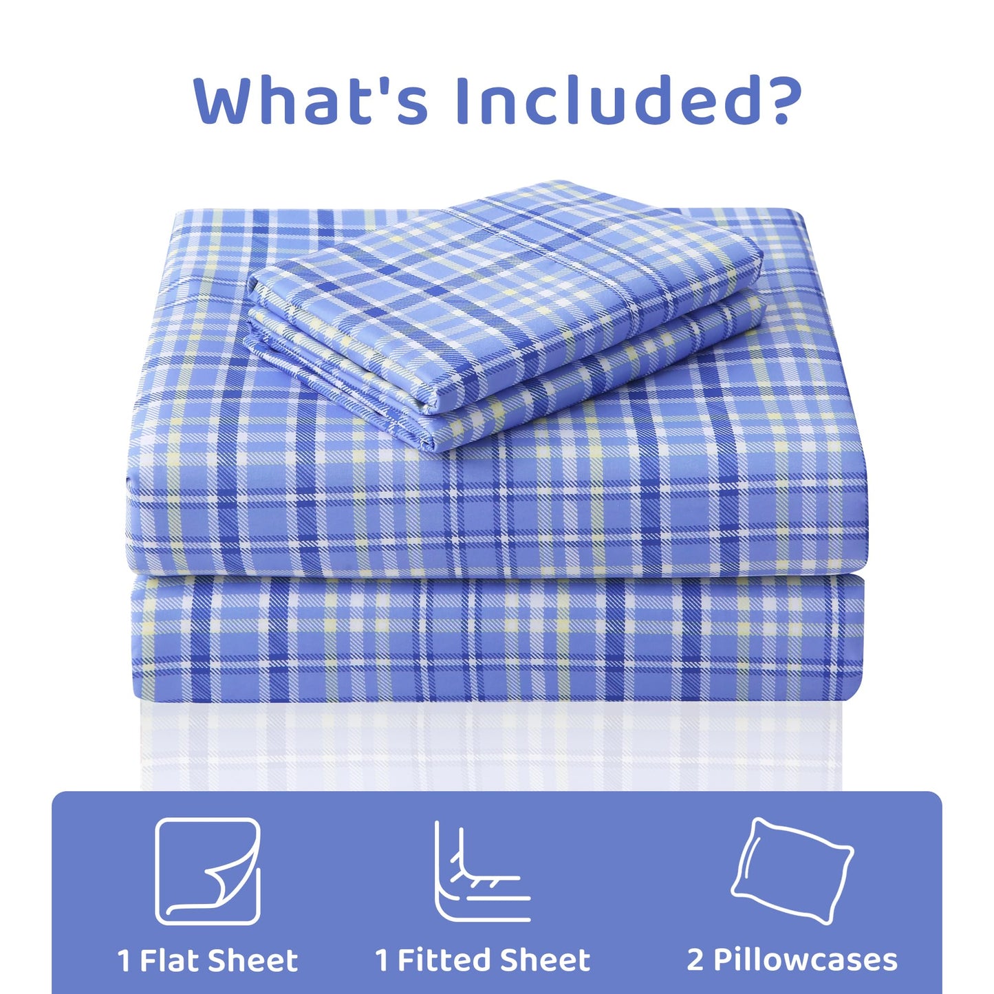 Mooreeke Cozy Plaid Microfiber Printed Queen Sheet Set - Soft & Breathable Purple Yellow Plaid Bed Sheets with Extra Deep Pocket - Non-Slip Fitted Design - Purple Yellow Square Plaid Pattern - Queen