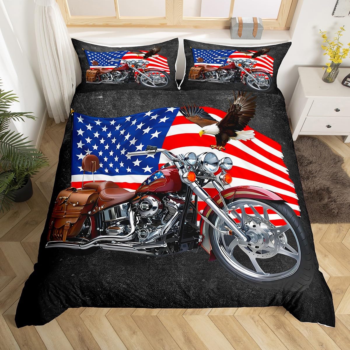 American Flag Duvet Cover Set King,Motorcycle Bedding Set 3pcs for Kids Teens Boys Girls Adult Room Decor,Eagle Animal Comforter Cover Brown Quilt Cover with 2 Pillowcases