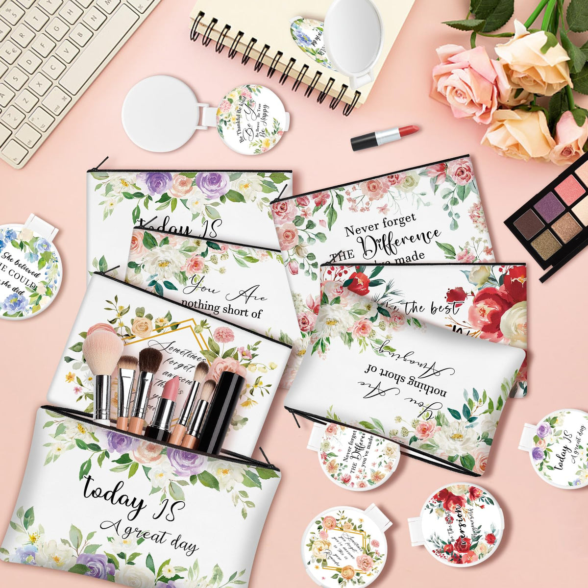 KOPOOEOE 40 Pcs Floral Inspirational Gifts Canvas Makeup Bags with Compact Mirrors Cosmetic Bags Thank You Pouch Bulk for Mothers Day Church Women Teacher Coworker Employee Gifts