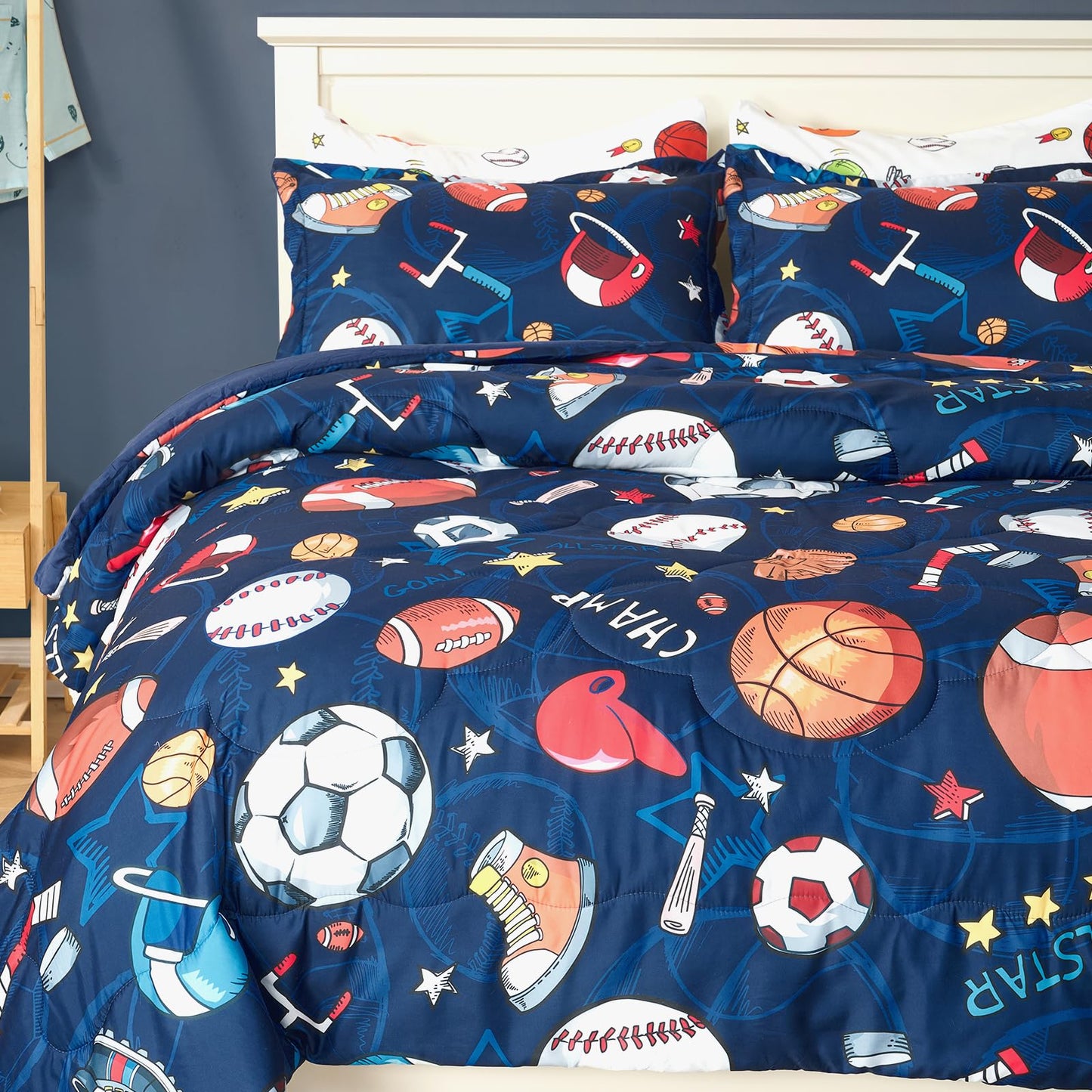 Jameswish 7 Pieces Sports Comforter Set for Boys Kids Soft Fluffy Baseball Bedding Set Twin Size with 3D Soccer Basketball Football Design Bed in A Bag as Gifts