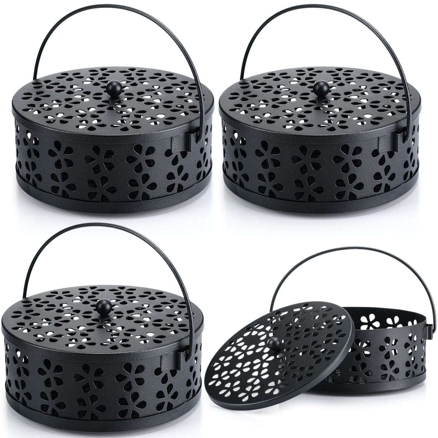 Lallisa 4 Pieces Mosquito Coil Holder Incense Coil Holder Retro Portable Metal Hanging Incense Burner with Handle Round for Home Camping Indoor Outdoor Patio(Black)
