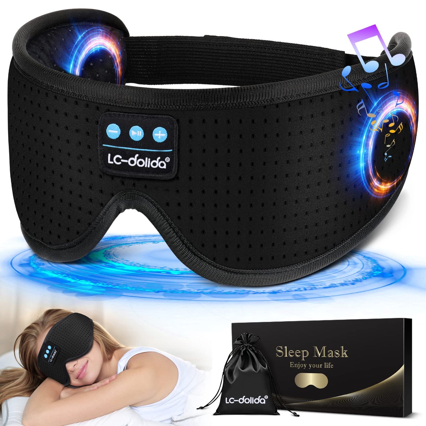LC-dolida Sleep Headphones, White Noise Bluetooth Sleep Mask 3D Wireless Timing Eye Mask for Sleeping, Sleep Mask with Bluetooth Headphones for Side Sleepers Travel Yoga, Cool Gadgets for Men Women