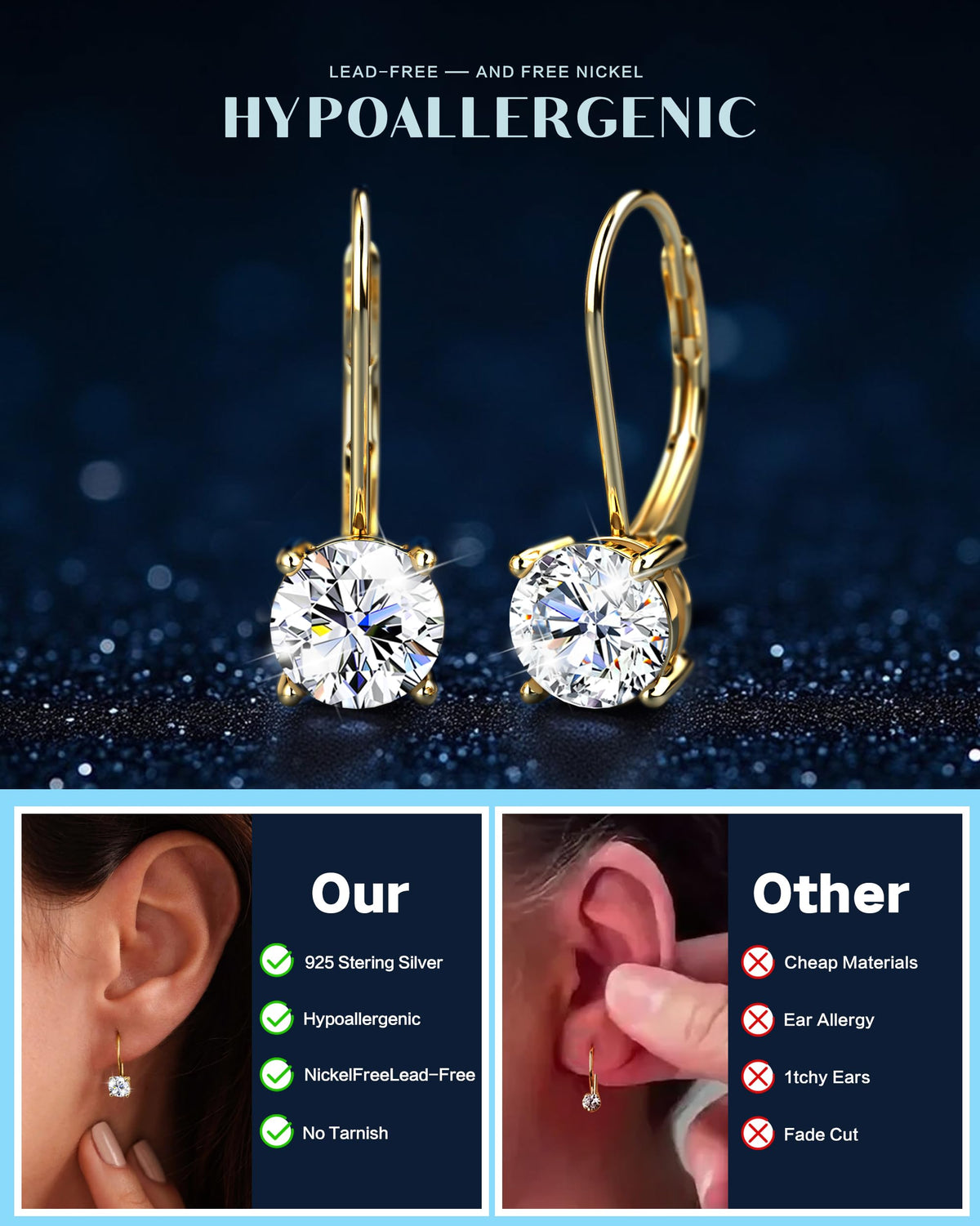 Blahanna Moissanite Earrings,1.0ct-2.0ct D Color Brilliant Round Cut Earrings S925 Sterling Silver Dangle Earrings Moissanite Leverback Drop Earring gold 6.5mm