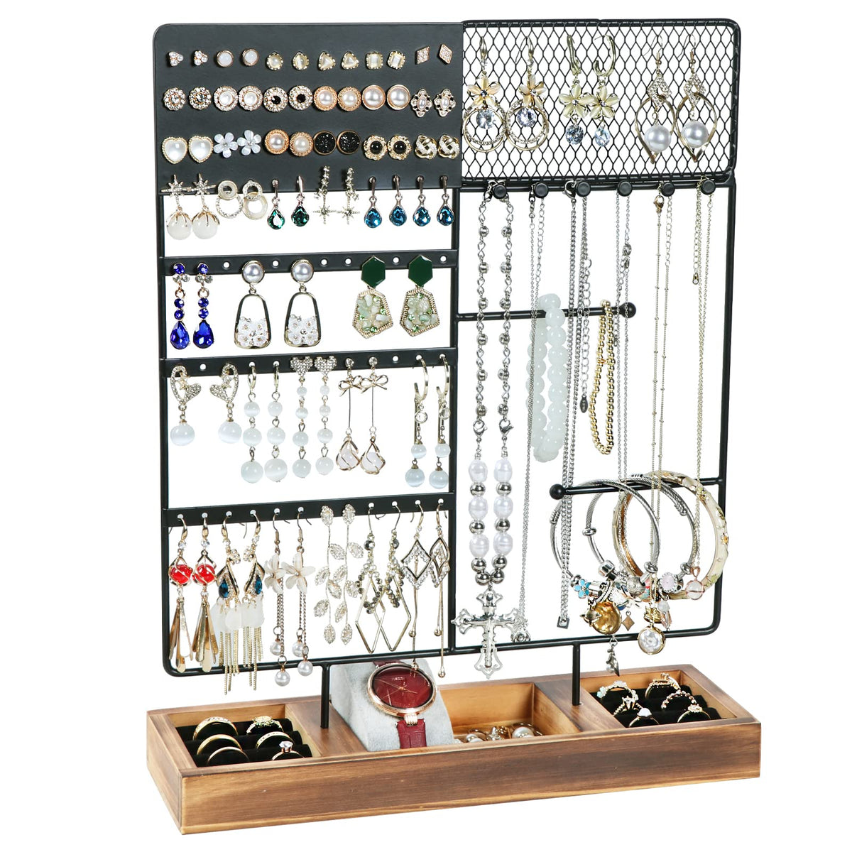 sovia Jewelry Organizer Stand,Earring Organizer with 84 Holes Ear Stud,Jewelry Organizer Holder with Wooden Tray for Earrings Necklaces Bracelets Watches and Rings,Earring Holder Organizer,Black