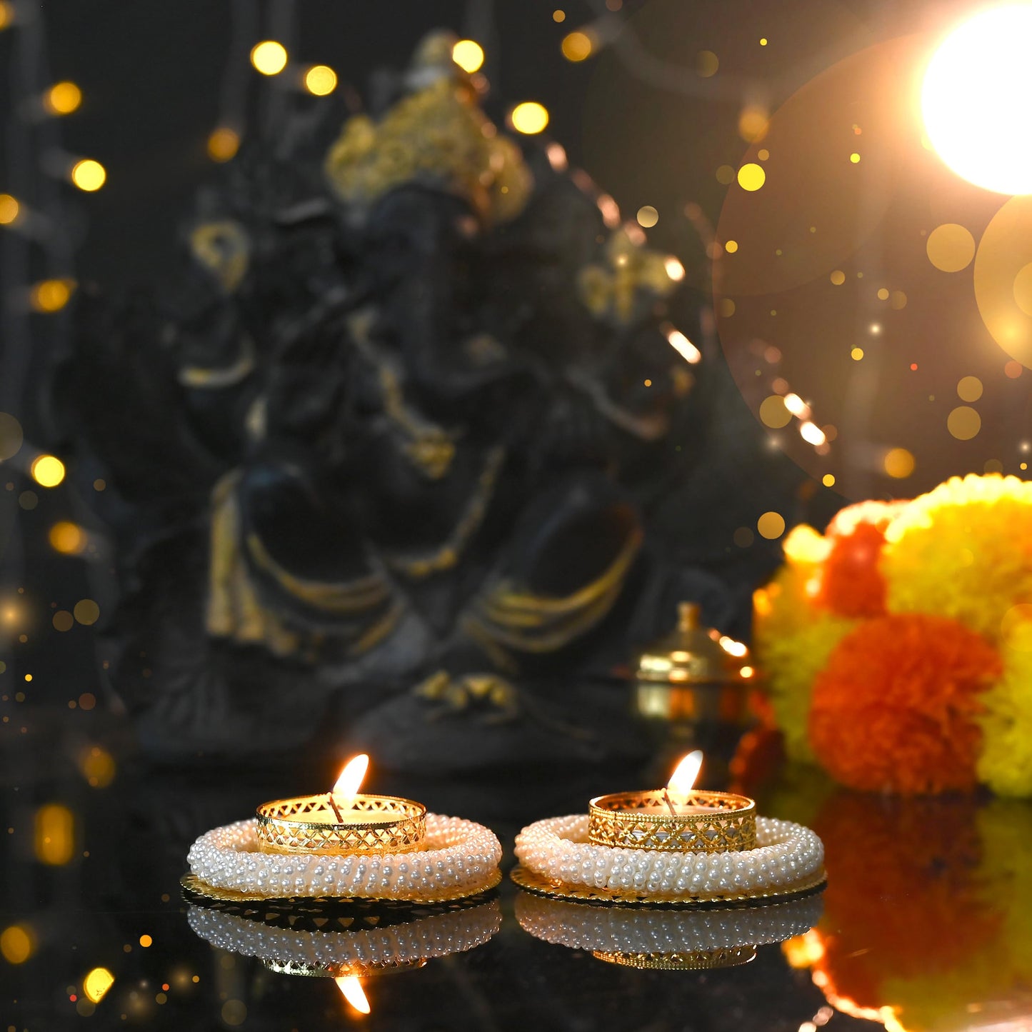 Set of 2 Pearl Moti Design T Light Holder Candle Stand Tealight T-Light Holders for Indian Traditional Diwali Decorations Lighting Accessories Wedding Home Decor(without Wax)(Size:-3)(White,Golden)