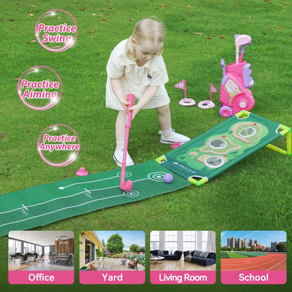 Liberry Toddler Golf Set for 2 3 4 Years Old Girls Boys, Upgraded Kids Golf Cart with Golf Cornhole Board & Putting Mat, Indoor and Outdoor Golf Toys Birthday Gift, Pink