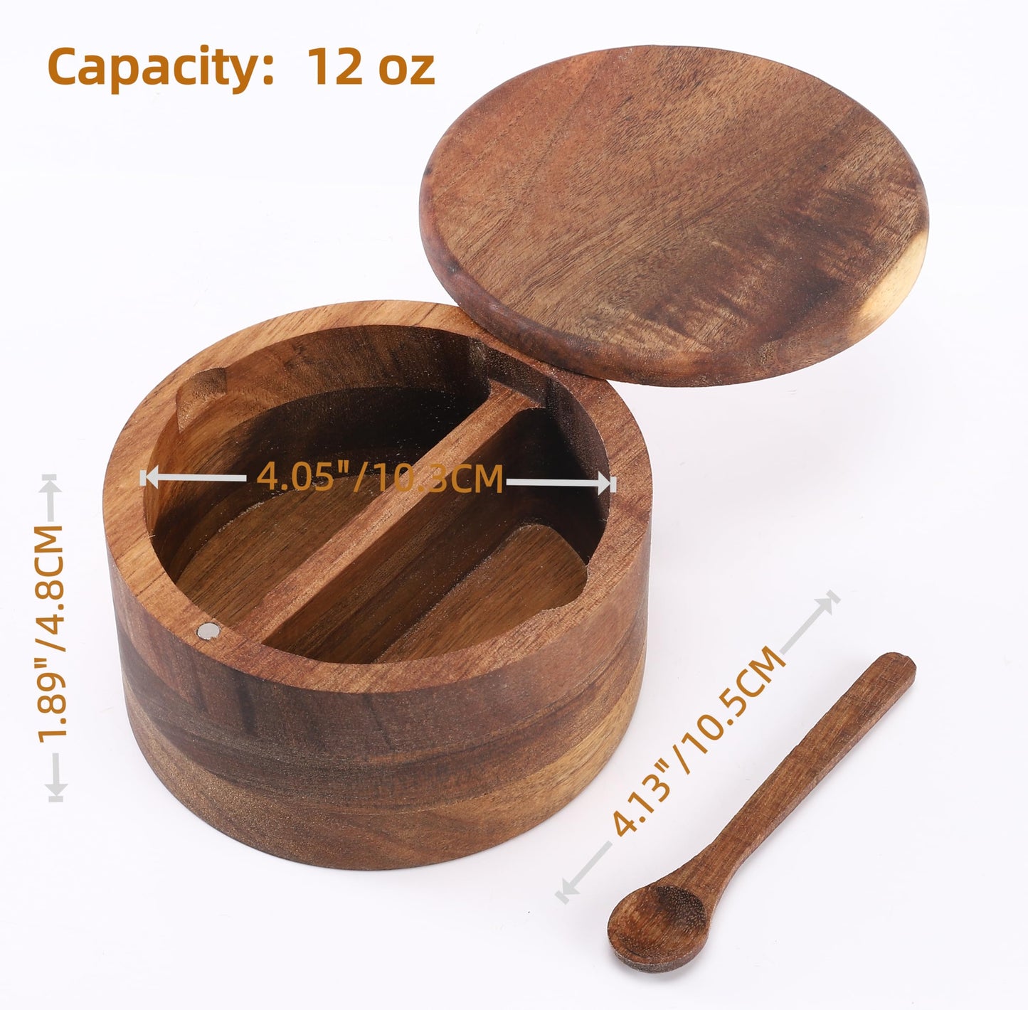 RAETTER.LY Acacia Wood Salt and Pepper Bowl, Nature Wood Salt Cellar and Spices Storage Box With Built-in Spoon and Magnetic Swivel Lid (Two Compartments 12 oz)