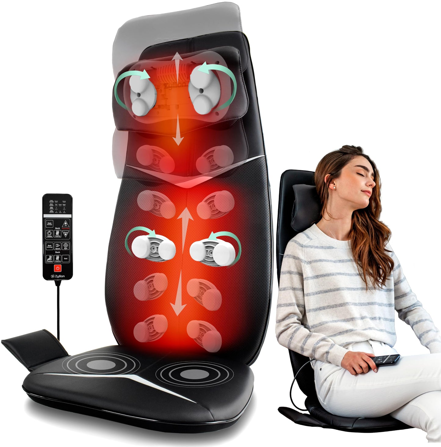 Zyllion Shiatsu Neck and Back Massager with Heat for Chair - 3D Electric Full Body Kneading Deep Tissue Massage Pad with Seat Cushion Vibration for Muscle Pain Relief, Black, ZMA-33