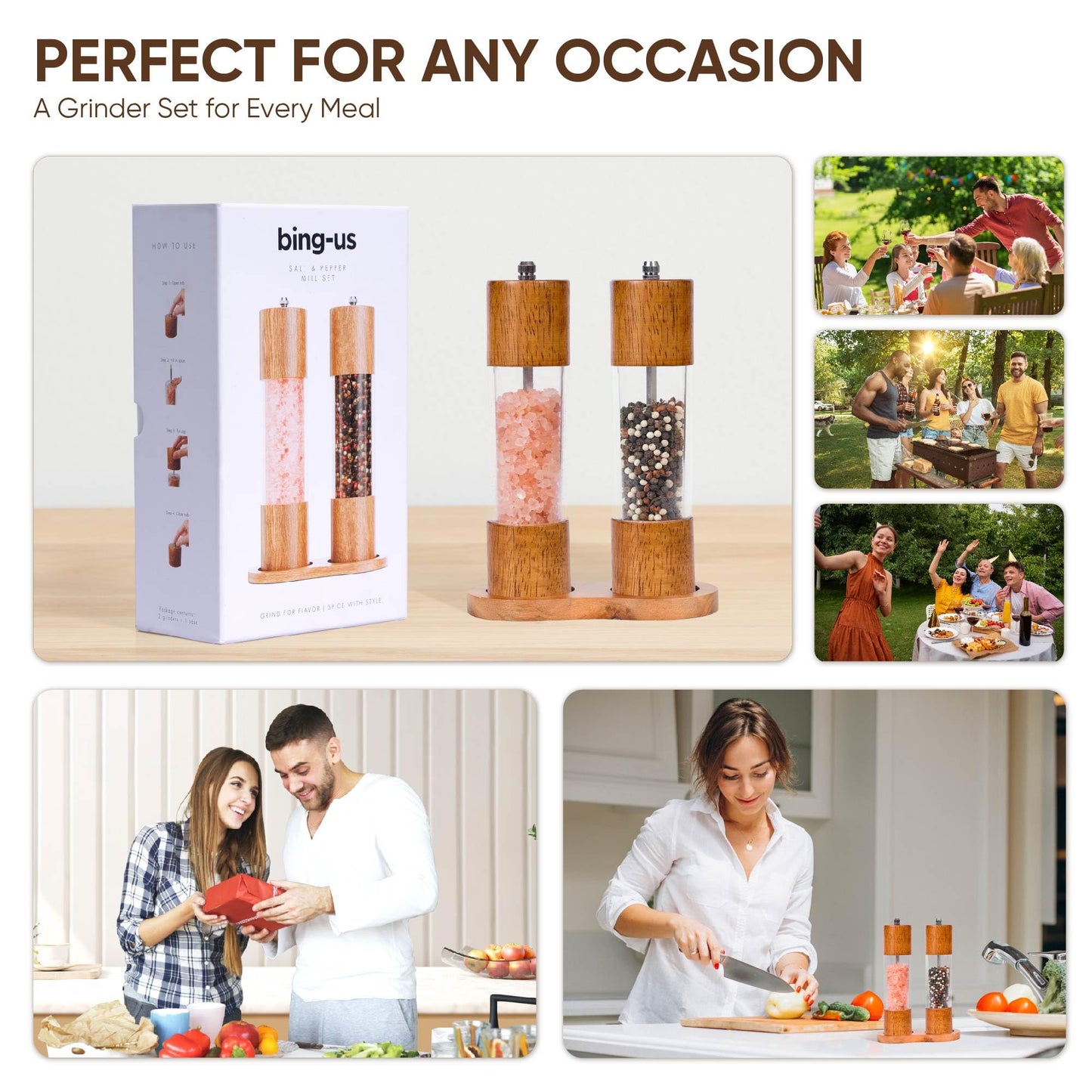 Wooden Salt and Pepper Grinder Set | 8-Inch Manual Acrylic Mills with Adjustable Ceramic Grinding Mechanism | Includes 2 Grinders + Wood Base | Premium Salt and Pepper Grinders by BING-US