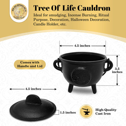 New Age Imports, Inc. Tree of Life Cast Iron Cauldron w/Handle & lid, Ideal for smudging, Incense Burning, Ritual Purpose, Decoration, Halloween Decoration, Candle Holder, etc. (Tree of Life - BR94)