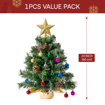 Joiedomi 24"/2FT Tabletop Mini Christmas Tree Pre lit with Warm Lights, Holly Berries, Pine Cones and Ornaments for Indoor Artificial Mini Xmas Tree Holiday Season Decorations (Gold)
