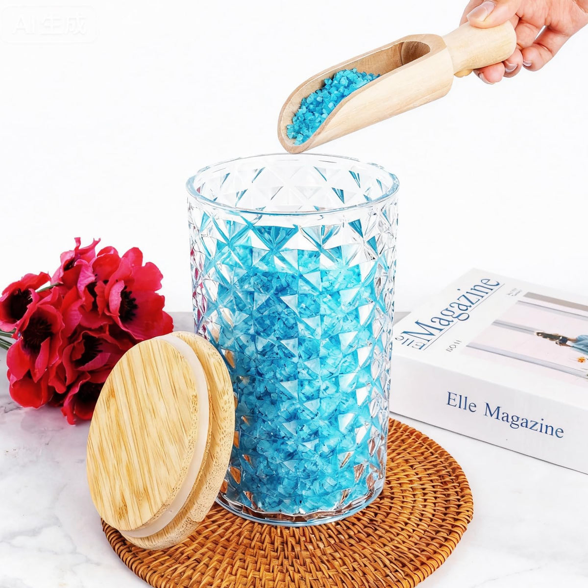 Supkiir 1100ML/37OZ Acrylic Bath Salt Jar, Bath Salt Container with Wooden Lids and Scoop, Airtight Diamond Candy Jar for Bathroom Kitchen Storage Salt Candy Tea Decor