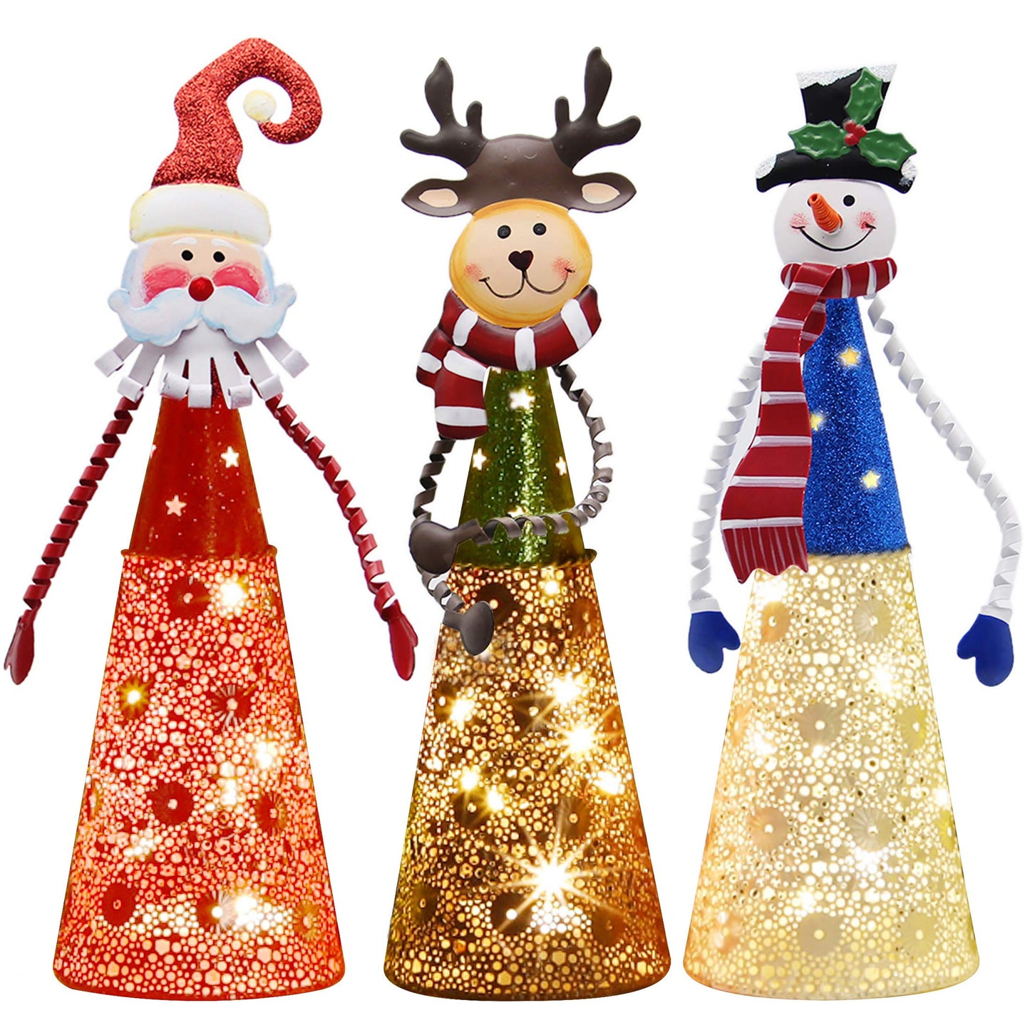 ATDAWN Lighted Christmas Table Decorations, Set of 3 Indoor LED Lighting Santa Snowman Reindeer Xmas Holiday Party Tabletop Desk Ornament & Candleholders