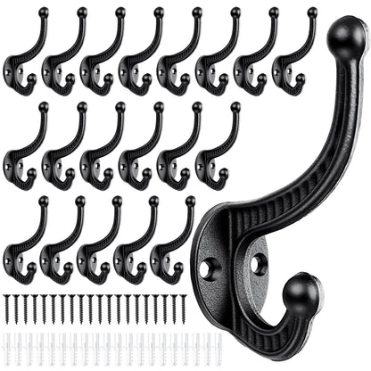 Frienda 20 Pack Rustic Cast Iron Coat Hooks Wall Mounted, Heavy Duty Double Robe Hooks with Screws and Anchors, Farmhouse Vintage Wall Hook for Coats, Hats, Towels, Bags, Keys, Entryway, Bathroom