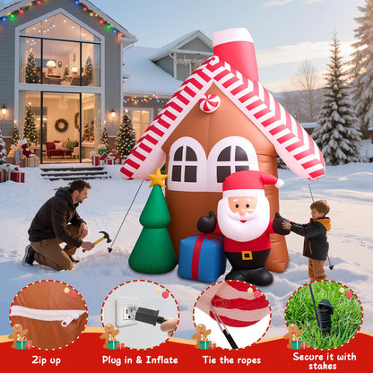 7 FT Christmas Inflatable Candy House with Santa Claus, Tree & Gift Box, Built-in LED Lights, Outdoor Blow Up Yard Decoration for Holiday Lawn Garden Party