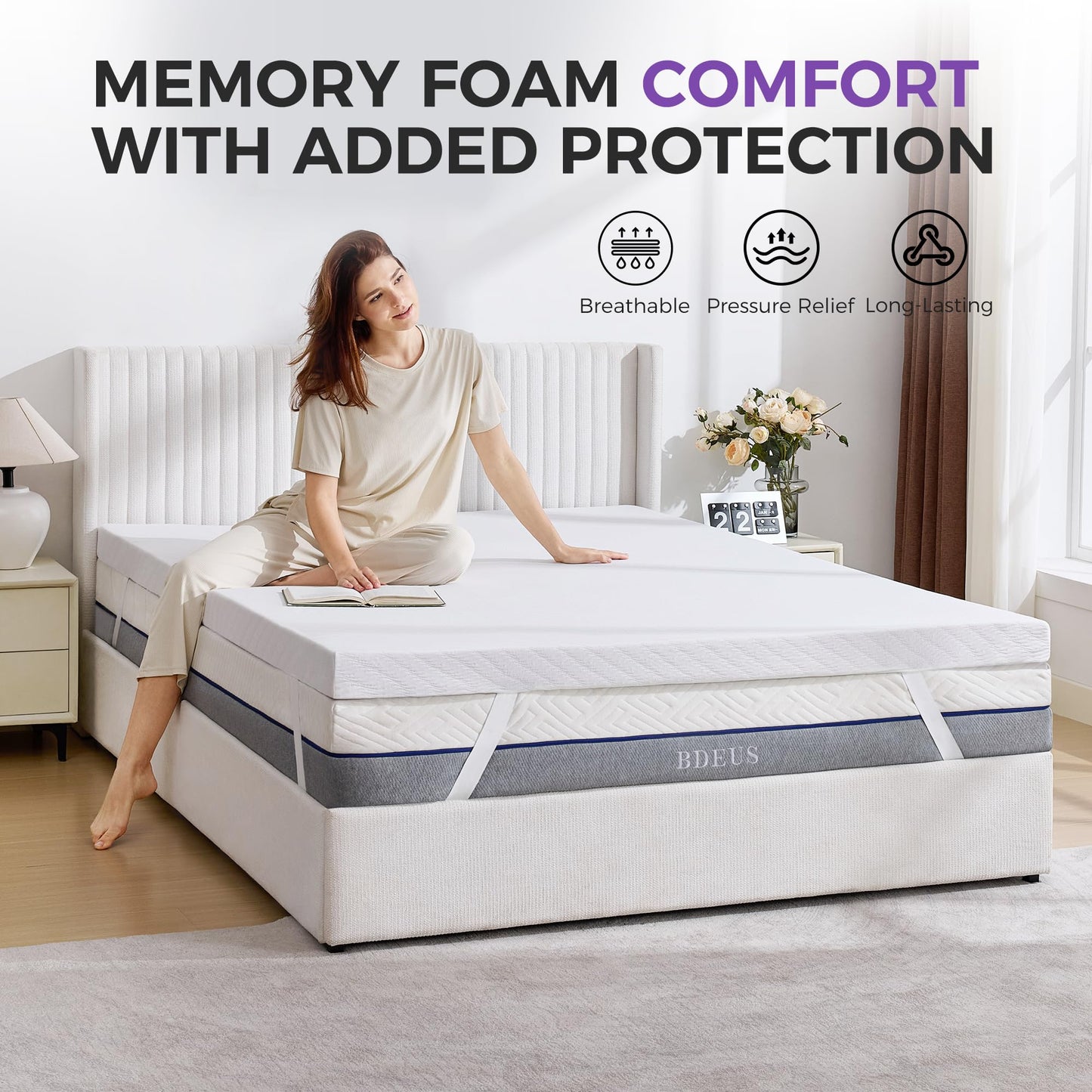 BDEUS Twin Size 2 Inch Gel Memory Foam Mattress Topper with Removable Cover, Ventilated Cooling Foam, Supportive Pressure Relief Bed Topper, CertiPUR-US Certified