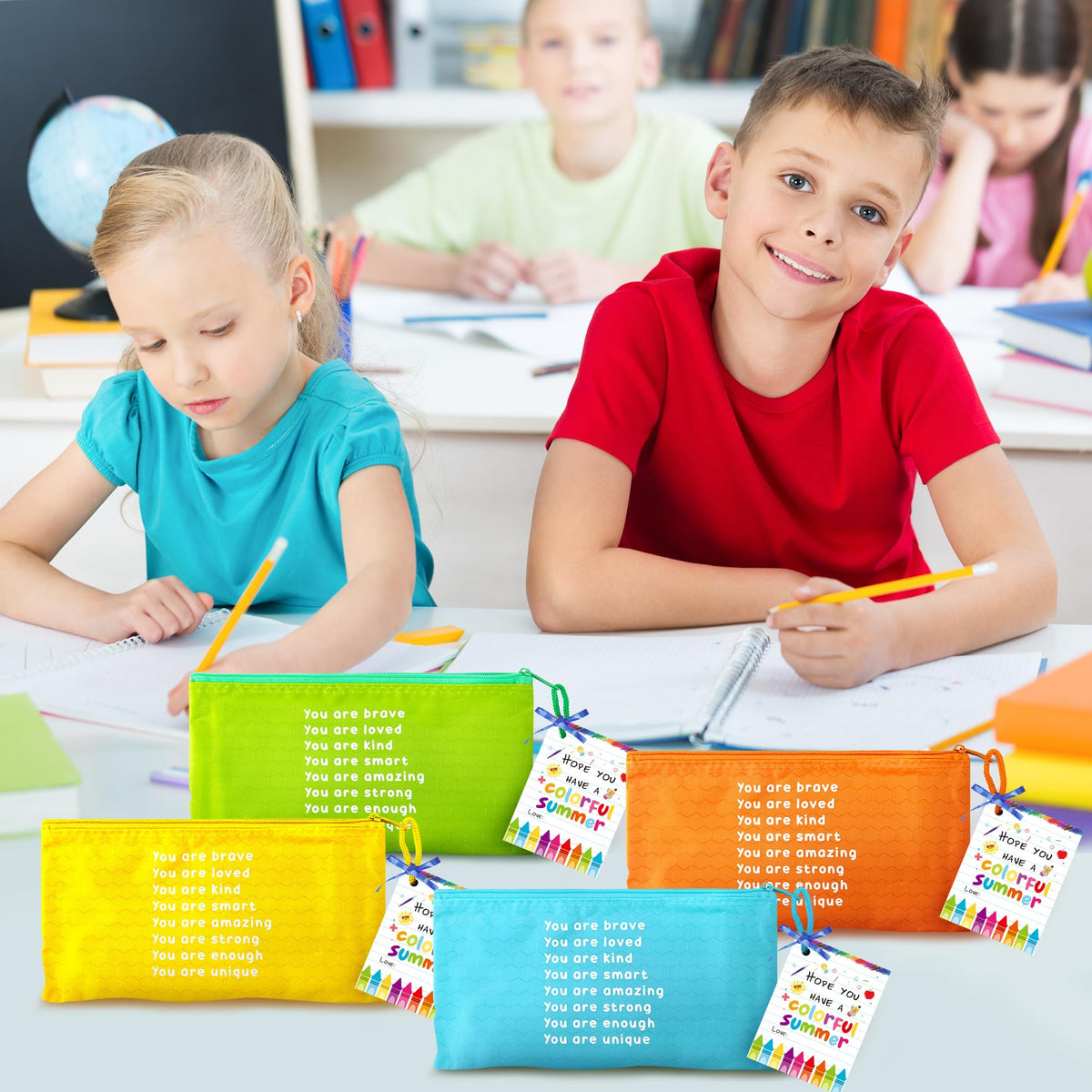 ANGOLIO 50Pcs End of Year Student Gift Includes Motivational Rainbow Pencils Pouch with Gift Inspirational Cards Hope You Have a Colorful Summer and Ribbons Stationary for Students Gifts Supplies