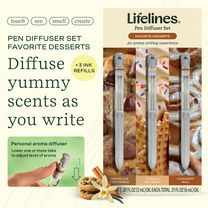 Lifelines Pen Diffuser Set, Favorite Desserts 3-Pack - 1mm Black Ballpoint Pens with Scented Essential Oil Blends – Aromatherapy Diffuser & Sensory Immersion Diffuse Aroma As You Write