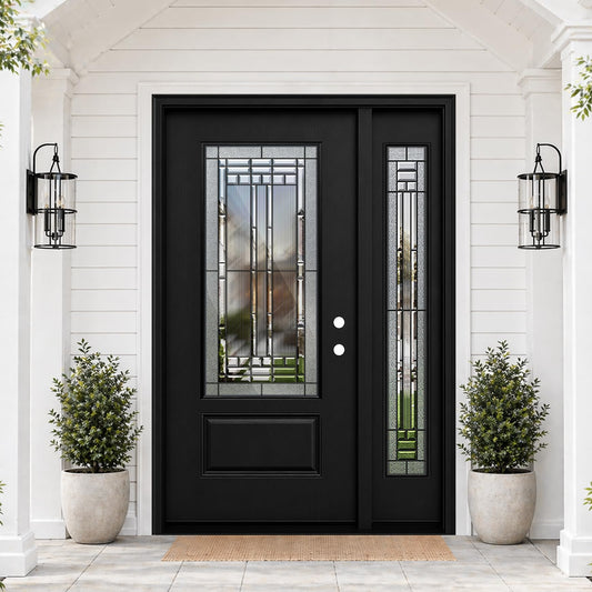 53x80in Fiberglass Front Entry Door with 14in Sidelight, Black Exterior Door for Home, Left-Hand Inswing, Textured Finished with Decorative Glass Knock-Down Door, Vinyl Frame and Brickmould Included