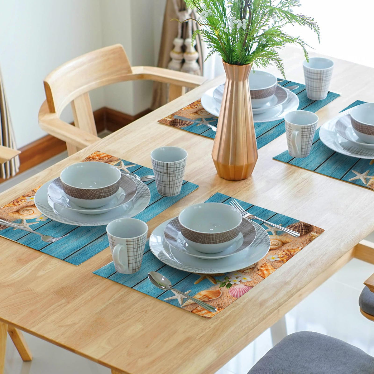 Granbey Nautical Placemats - Coastal Beach Place Mats Set of 4 Navy Blue Summer Wooden Seashell Beachy Cloth Table Mats for Kitchen Home Decor Dining Table