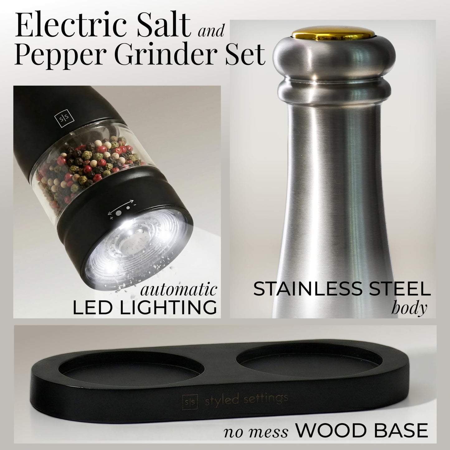 Electric Salt and Pepper Grinder Set - Styled Settings Electric Salt and Pepper Shakers, Automatic Stainless Steel Set with LED Light, Battery Operated, Adjustable Coarseness, Wood Base