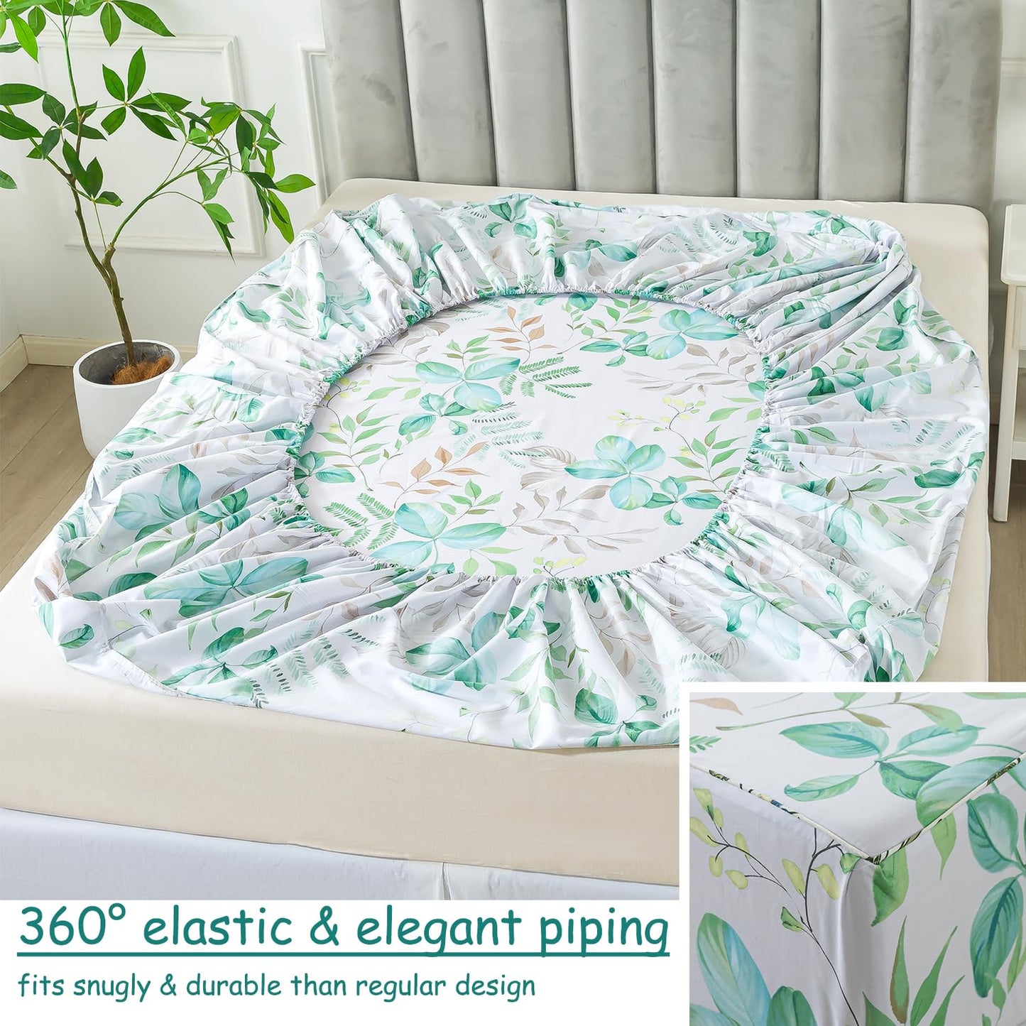 FADFAY Twin Sheet Set 100% Cotton Teal Green Leaf Print, Modern Botanical Bed Sheets, Soft Crisp & Breathable Deep Pocket Fitted Sheet, Luxury 4-Piece Bedding Set