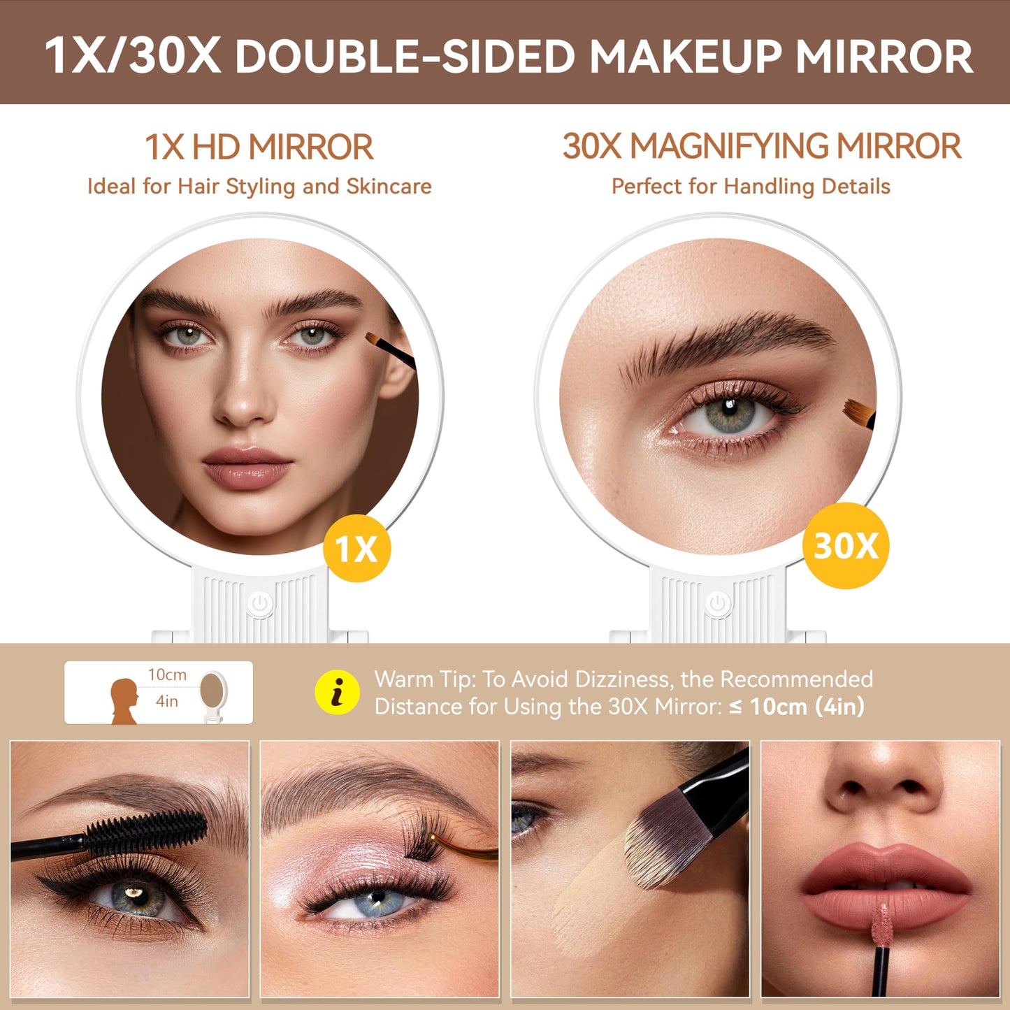 Auxmir 30X Magnifying Mirror, Double Sided 1X /30X Makeup Mirror with Light, Folding Lighted Rechargeable Beauty for Travel, Rotating 3 Color Lights, Dimmable Touch Screen