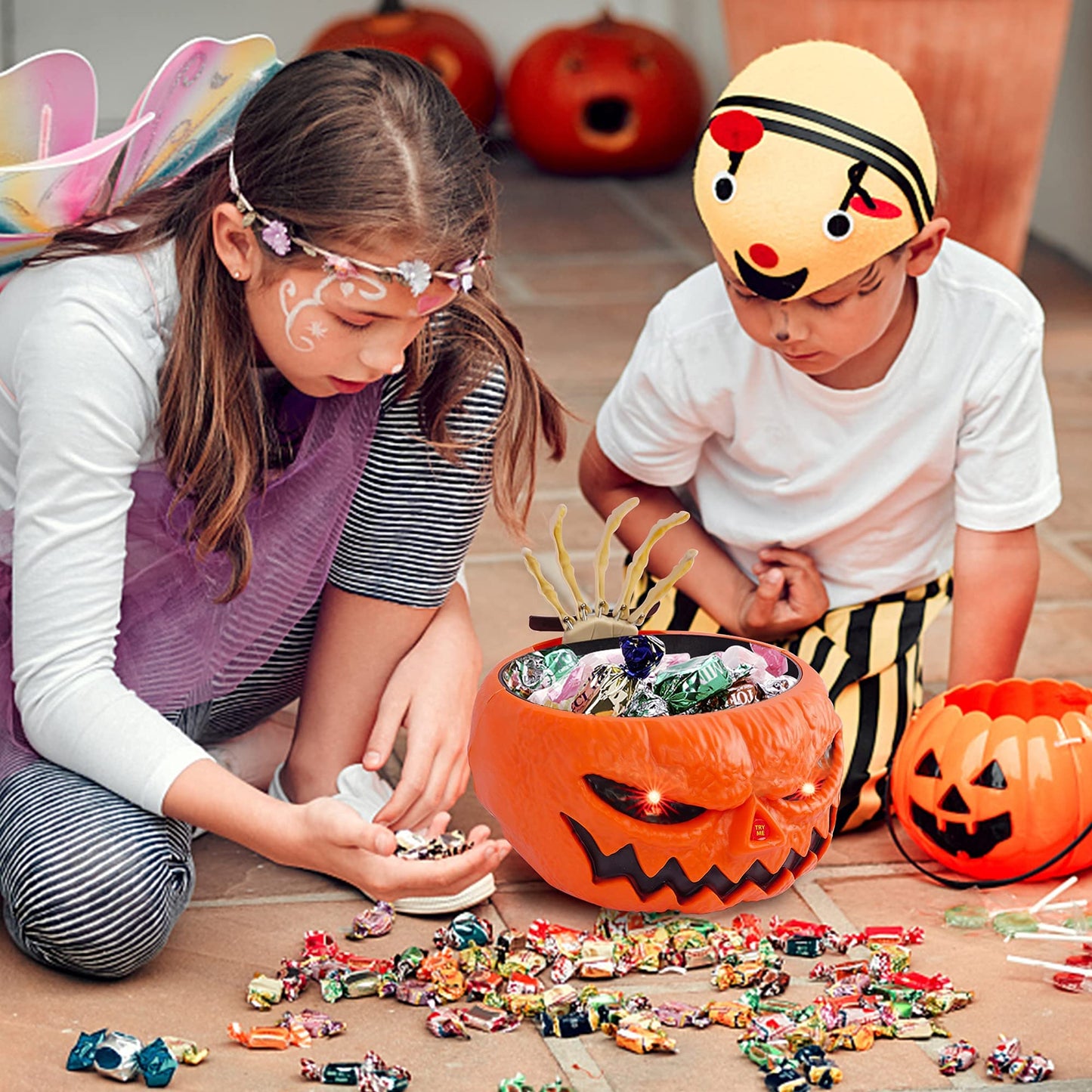 FUNPENY Halloween Candy Bowl, Animated Pumpkin Candy Holder, Lighted Red Eyes and Sound Candy Dish with Motion Activated for Trick-or-Treaters Party