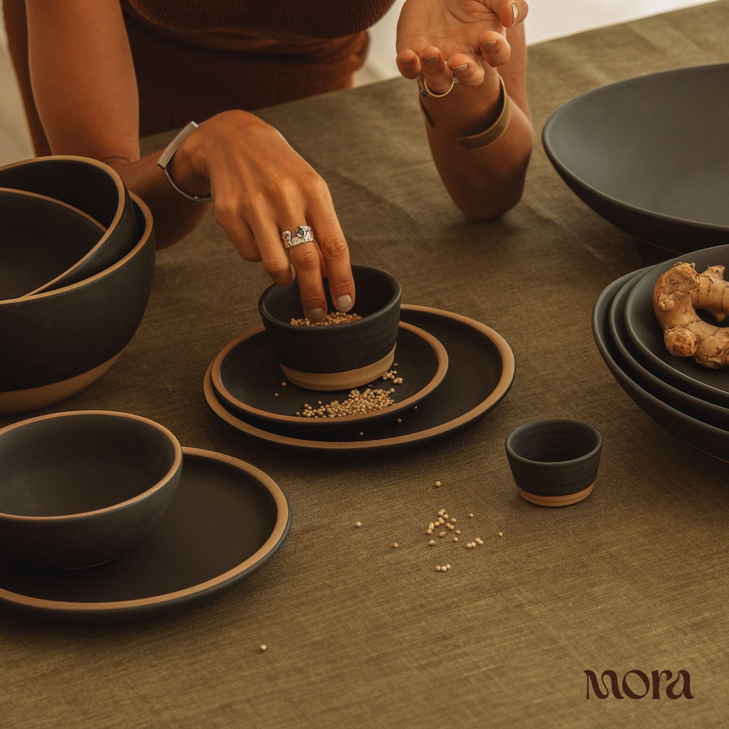 Mora Nano Ramekins Set of 4, 2oz Ceramic Pottery Sauce Cups - Microwave, Oven and Dishwasher Safe - Liquorice
