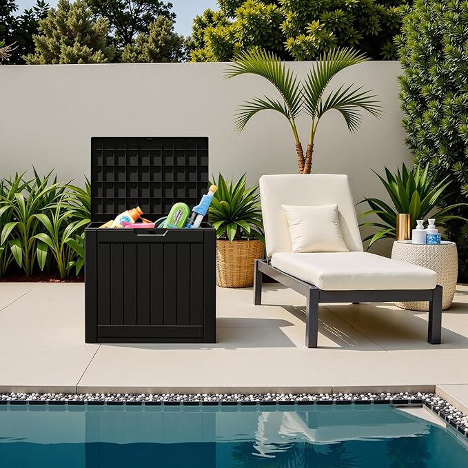Flamaker Resin Deck Box 40 Gallon Waterproof Outdoor Indoor Storage Box Imitation Wood Resin for Patio Furniture Garden Tools and Pool (Black)