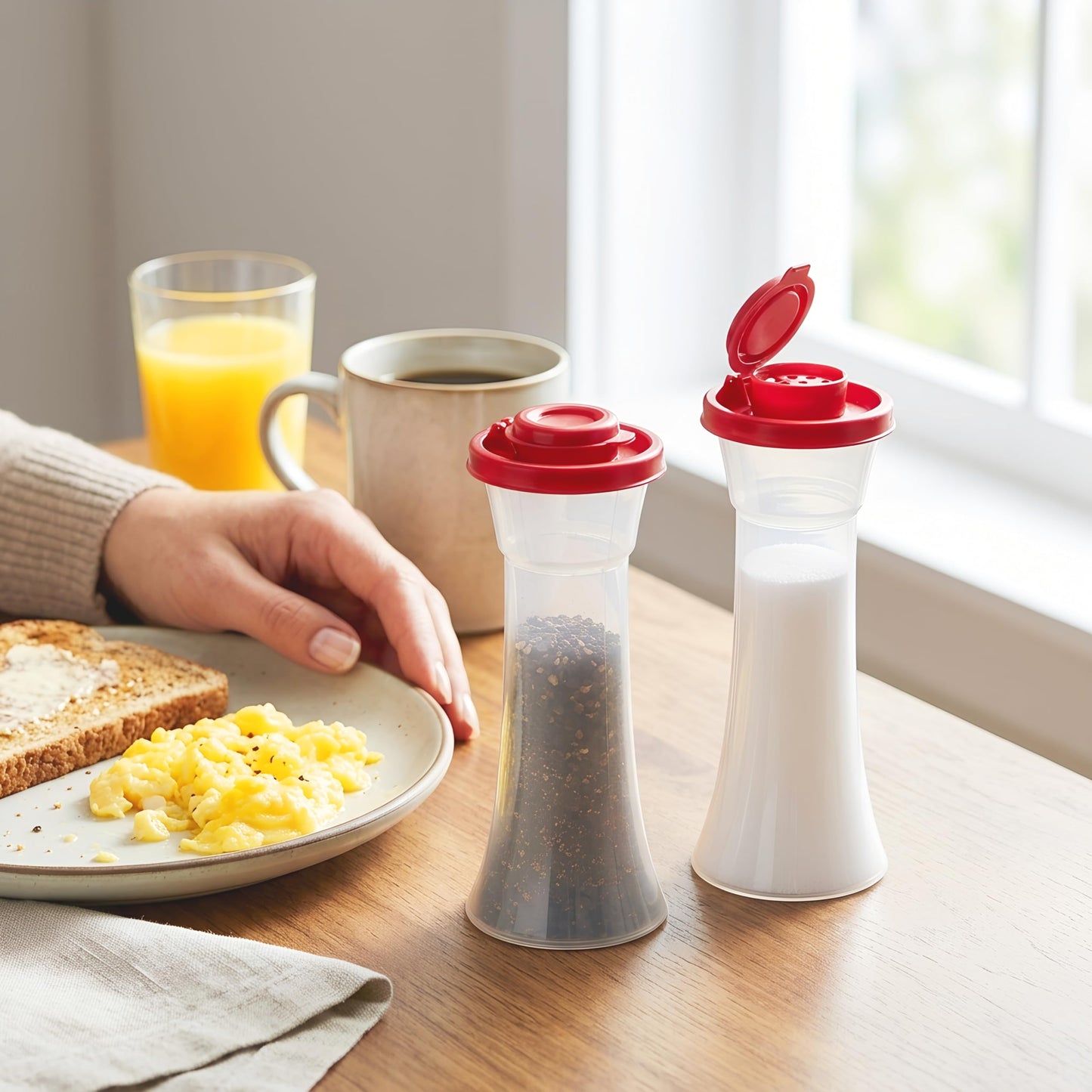 Tupperware Large Hourglass Salt and Pepper with Red Seals