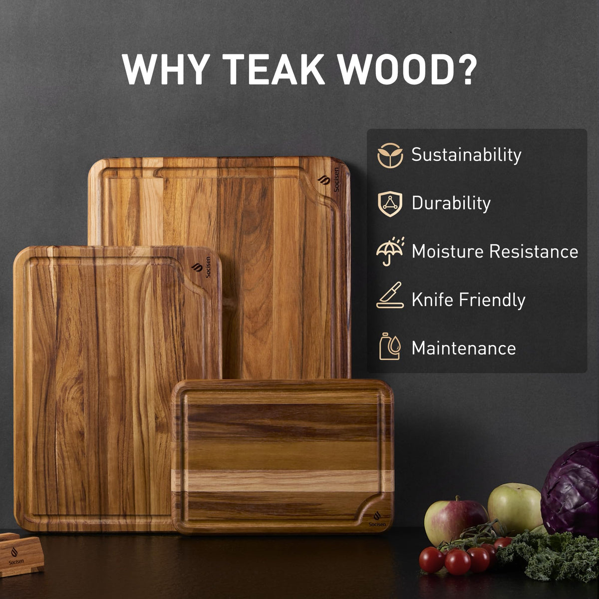 3 Pack Teak Wood Cutting Board Set for Kitchen Charcuterie Board Serving Heavy Duty Non Toxic Slip Over Sink Solid Thick Haus Wooden Chopping Board Large Big Small Meat Best Kitchen Mother Gift