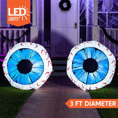Joiedomi 3Ft Halloween Inflatable Large Set of Eyes, Light Up Eyeball with Build-in LEDs, Blow Up Inflatable for Halloween Party Indoor, Outdoor, Yard, Garden, Lawn Decorations for Yard (Blue)