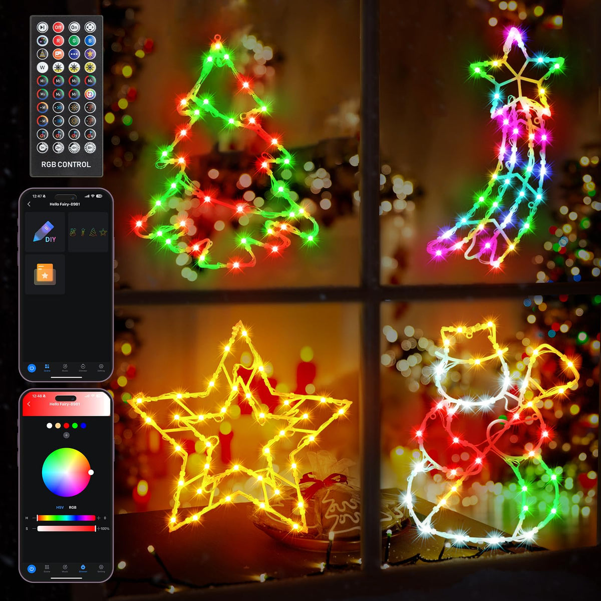 FANCILLUMA 4 Pack Smart Christmas Window Lights, Window Silhouette Lights, Christmas Decorations Indoor,Custom & Preset Modes,APP Control Snowman, Meteor, Christmas Tree, Star for Door Glass